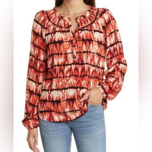 bobeau Tops - NEW Size XL Women's Bobeau Smocked Long Sleeve Blouse Orange Ikat